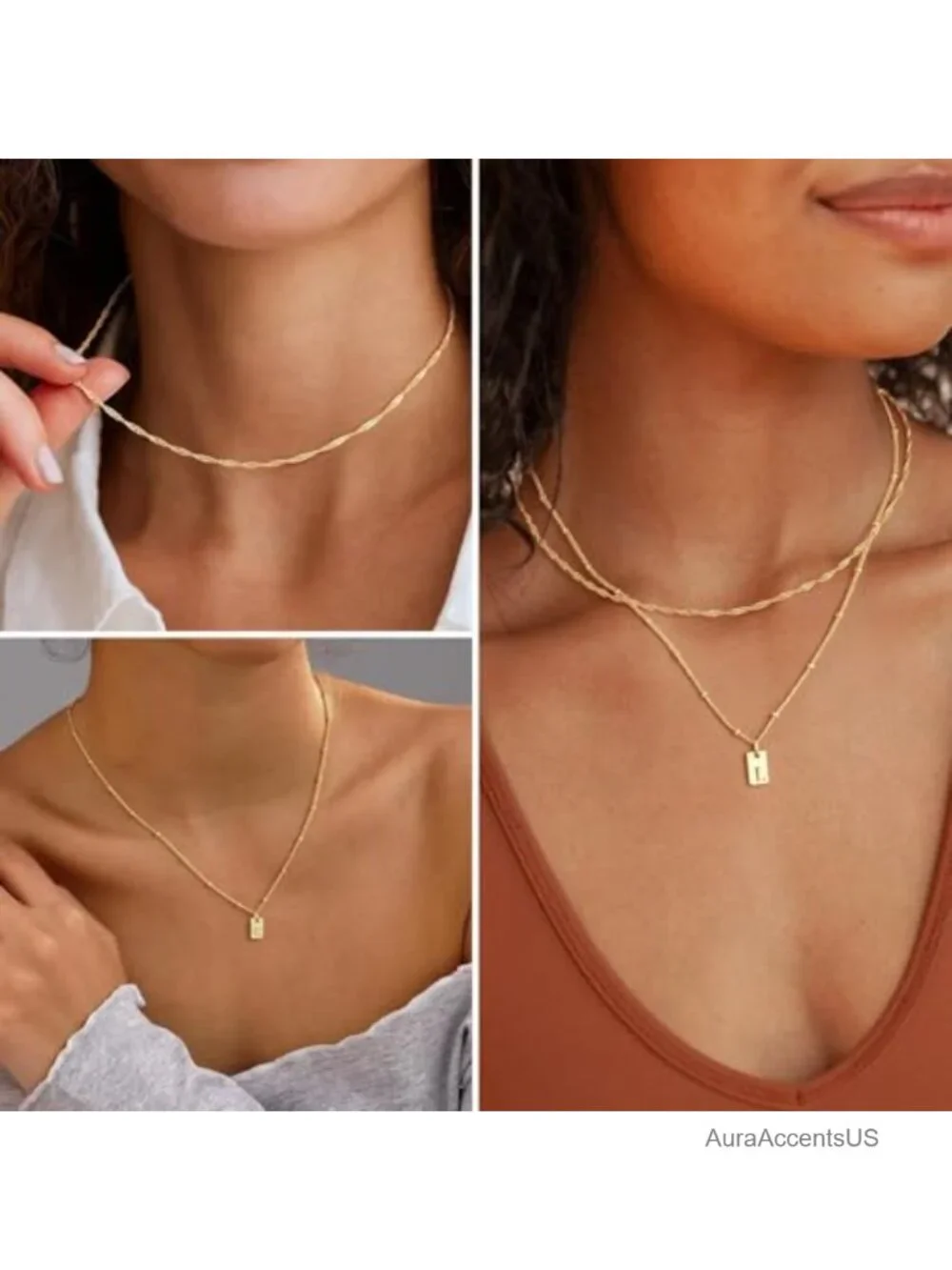 Layered Initial Necklace 14K Gold Plated Pendant Women